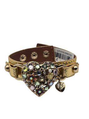 Vintage Y2K Betsey Johnson Gold-Tone Leather Bracelet Cuff Gemstone Heart NEW